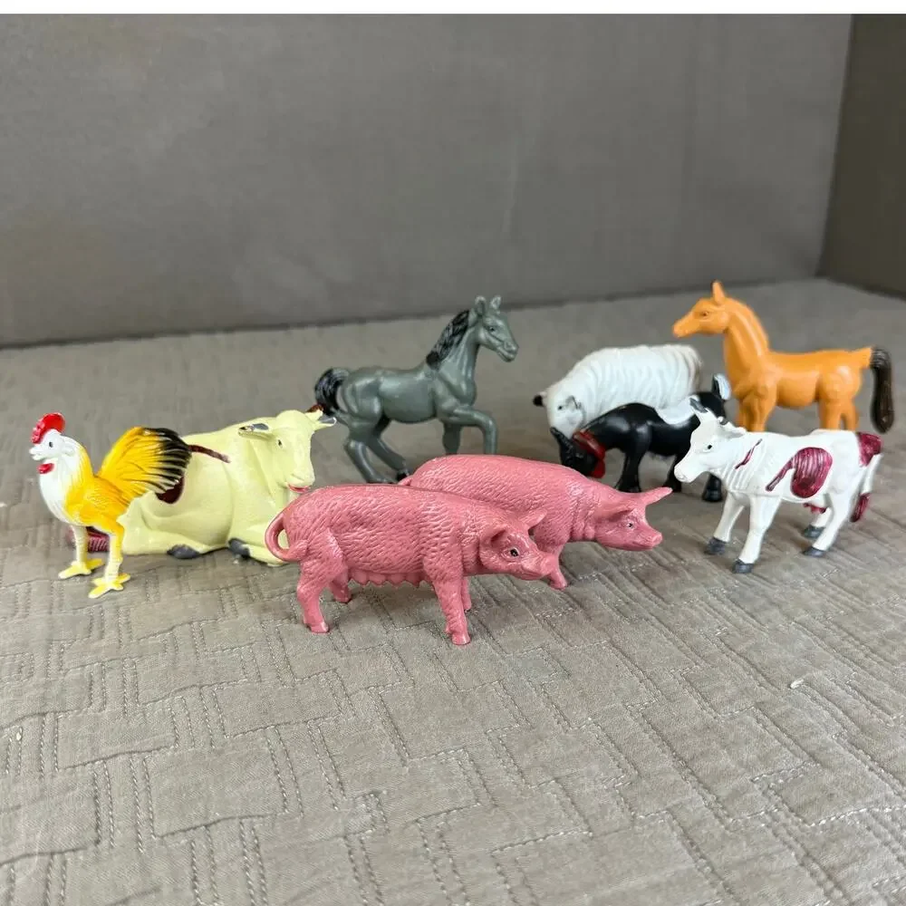 Lot of Vintage Farm Animals Plastic Toys Figures Pig Rooster Hose Cow Goat